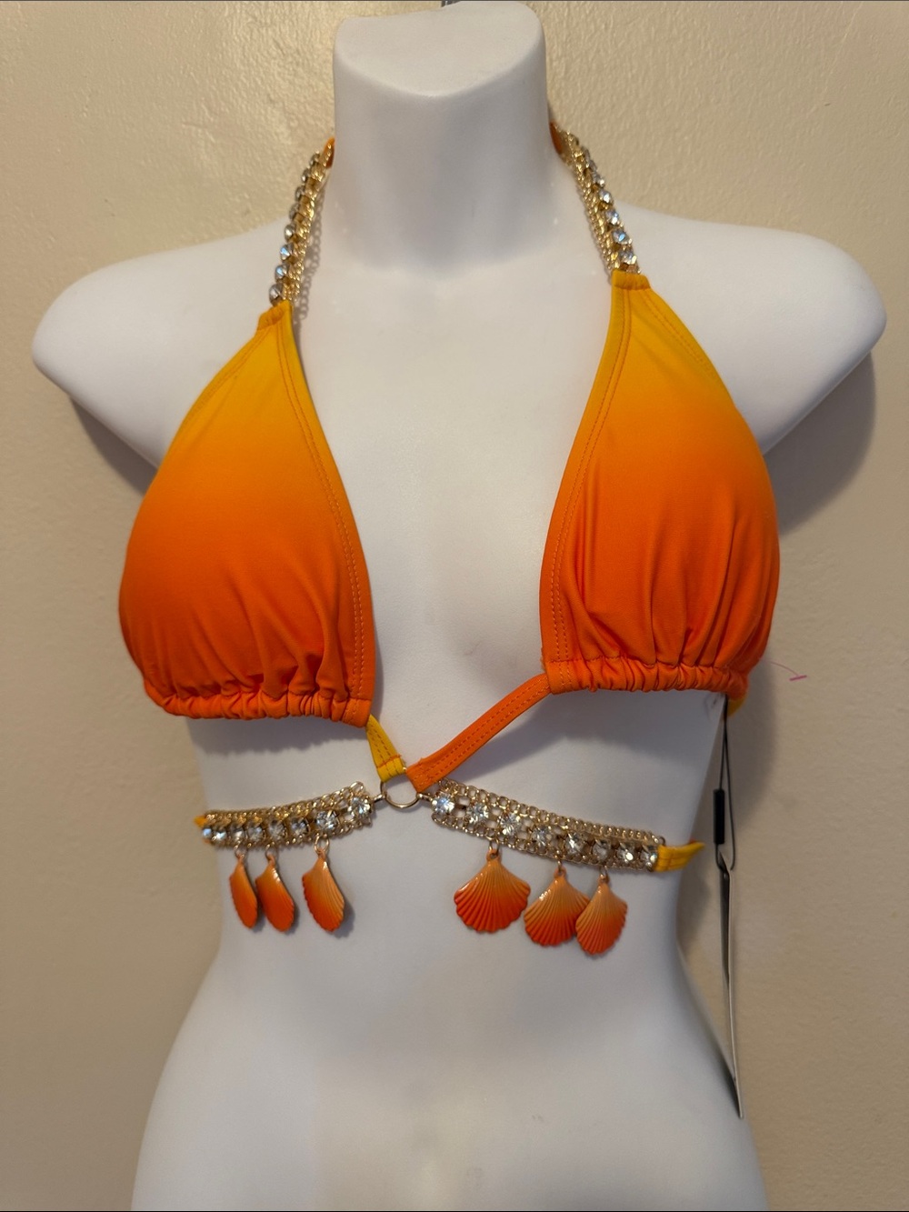 Fashion Nova Orange Ombre Shell-Trim Triangle Bikini Top